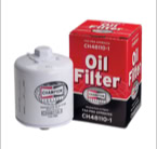 Wit oliefilter naast een rood-zwarte doos met de tekst "Oil Filter" en "Champion Laboratories".